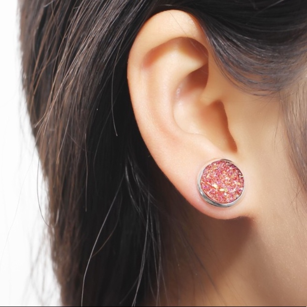 Pink Druzy Stud Earrings